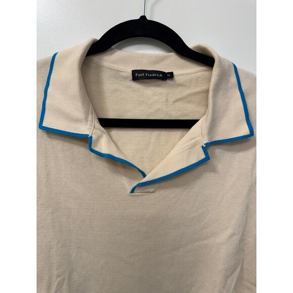 Paul Fredrick Men's Size XL Supima Cotton Cream Blue Trim Short Sleeve Polo - Picture 3 of 4